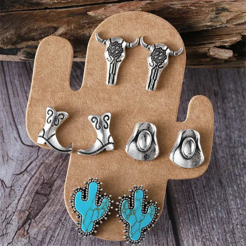 Set of 4 Turquoise Stud Earrings Western Theme Jewelry