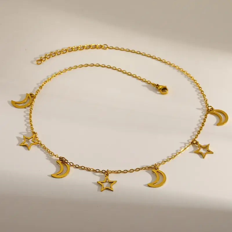 Gold Star & Moon Charm Necklace, 18K PVD