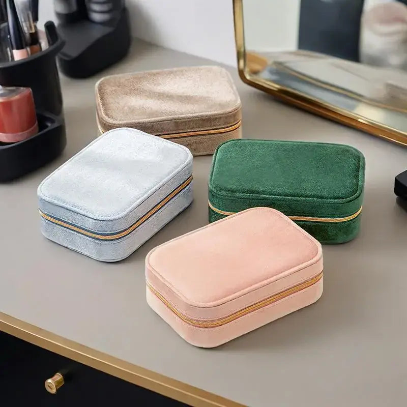 Velvet Jewelry Organizer Box with Compartments & Zipper
