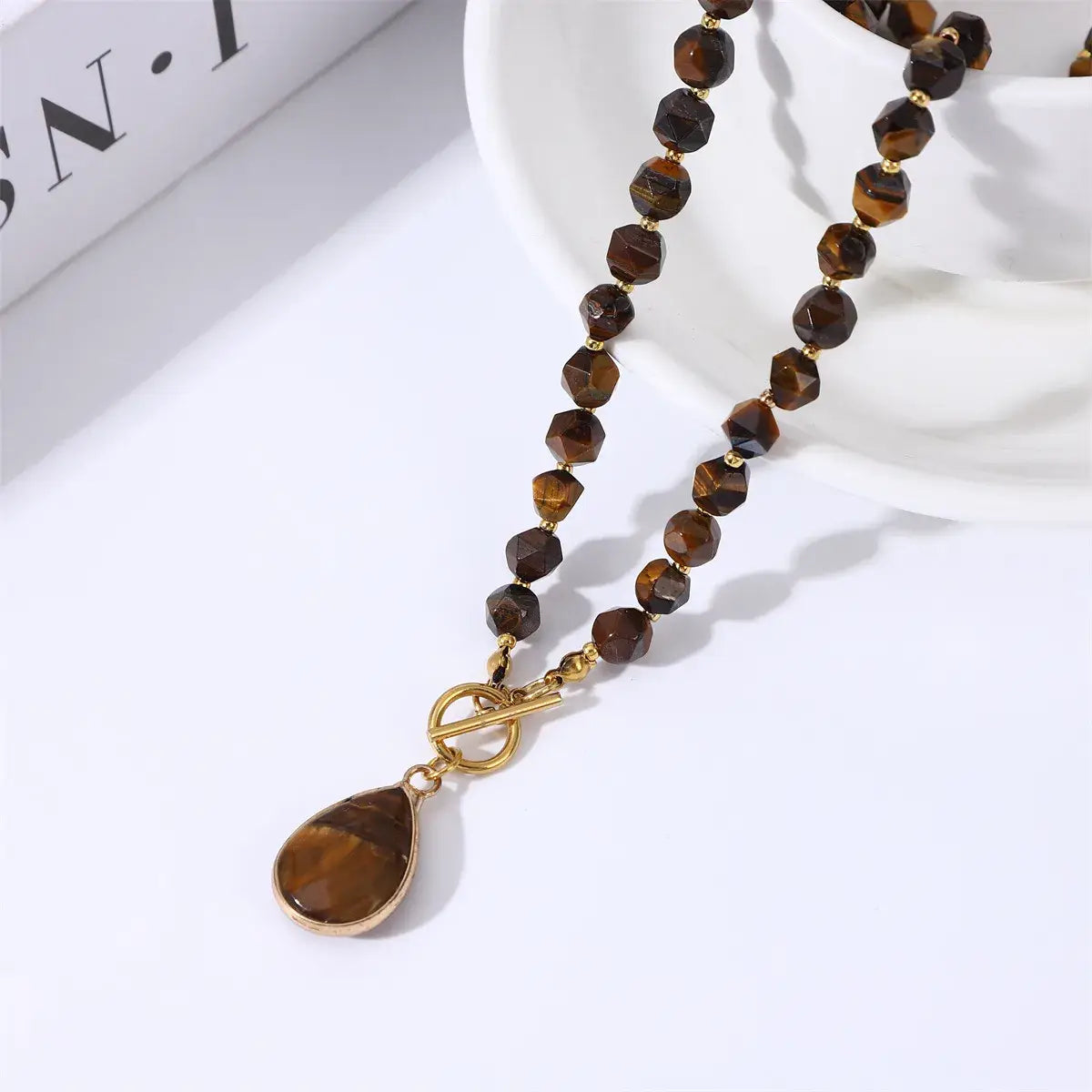 Natural Tiger Eye & Agate Geometric Beaded Pendant Necklace