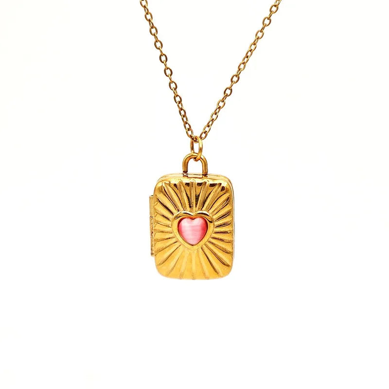 18K Gold Geometric Heart Locket Necklace – Stainless Stee