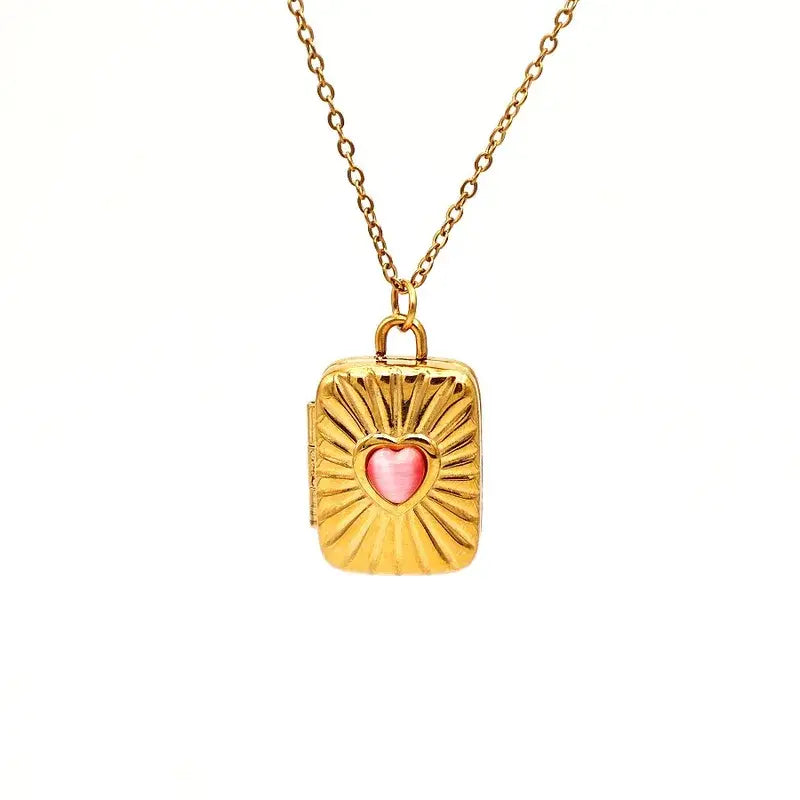 18K Gold Geometric Heart Locket Necklace – Stainless Steel
