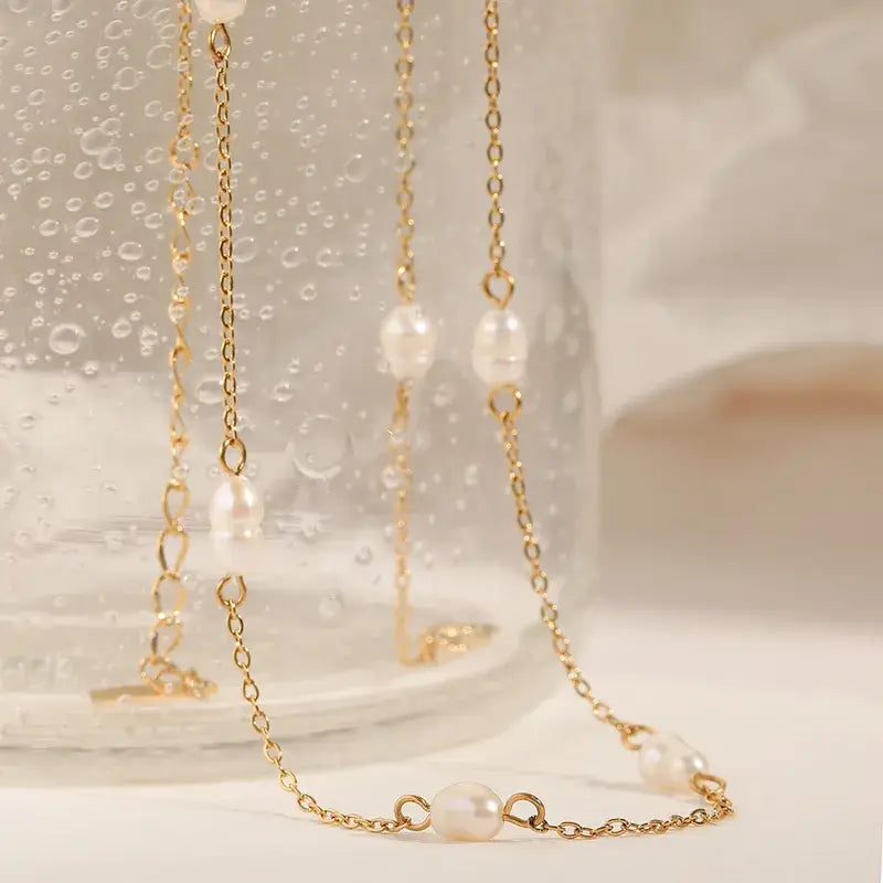 Natural Pearl Necklace, 18K Gold PVD