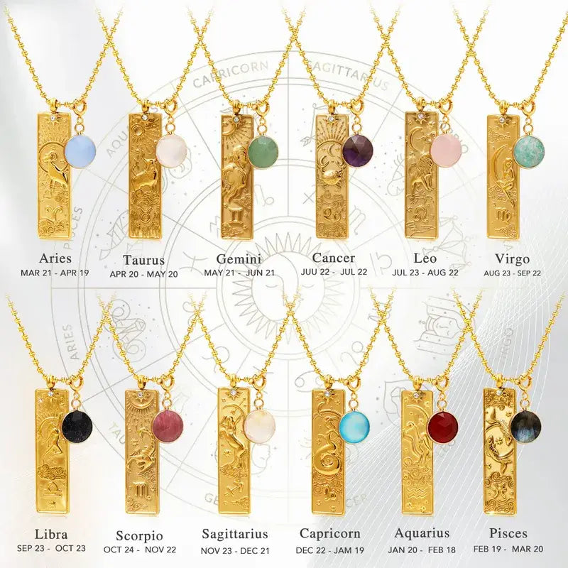 Zodiac Birthstone Tag Necklace, 18K Gold PVD