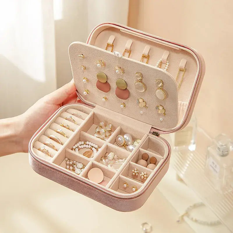 Velvet Jewelry Organizer Box with Compartments & Zipper