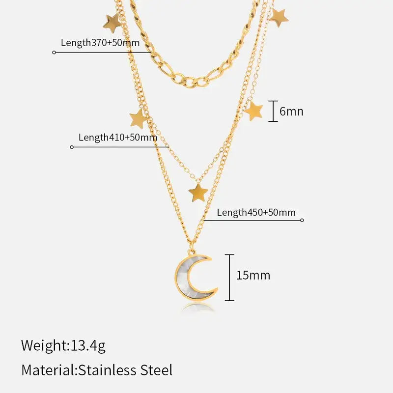 Moon and Star Layer Necklace Stainless Steel