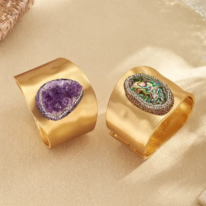 14K Gold Plated Amethyst Shell Oval Hinged Bracelet