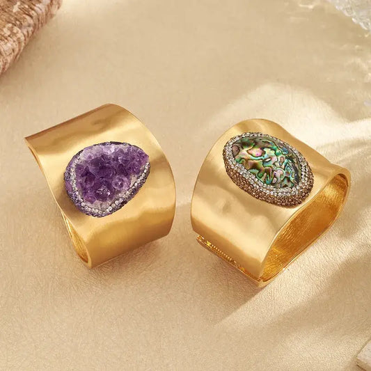 14K Gold Plated Amethyst Shell Oval Hinged Bracelet