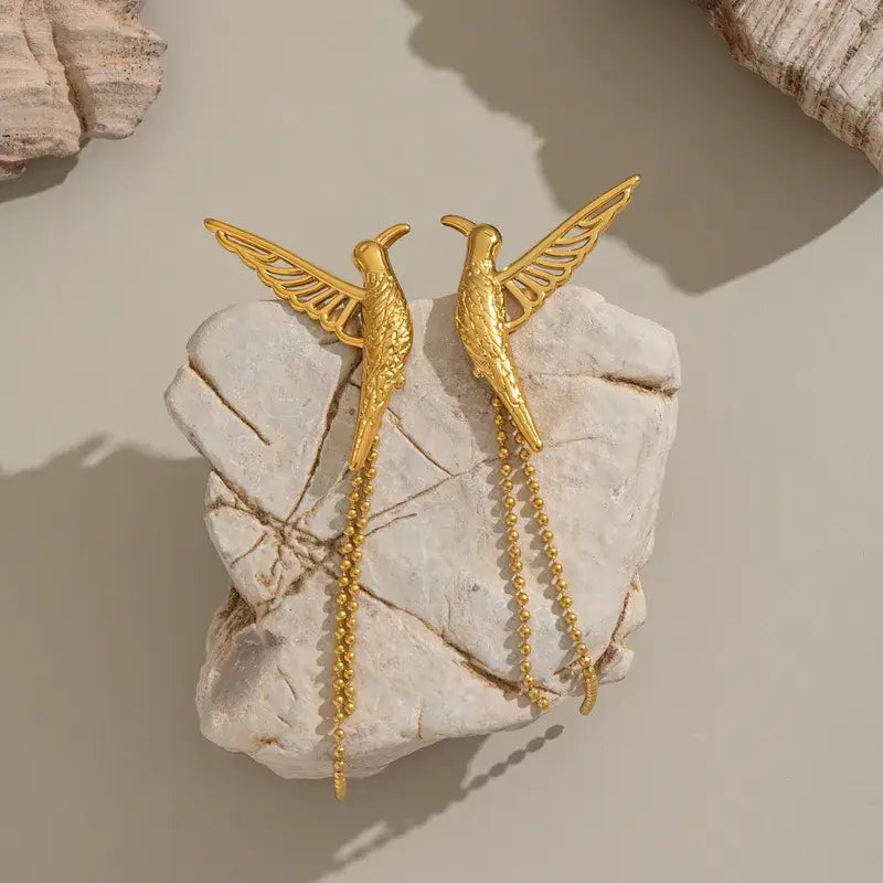 18K Gold Bird Tassel Earrings – Stainless Steel
