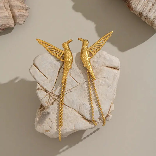 18K Gold Bird Tassel Earrings – Stainless Steel