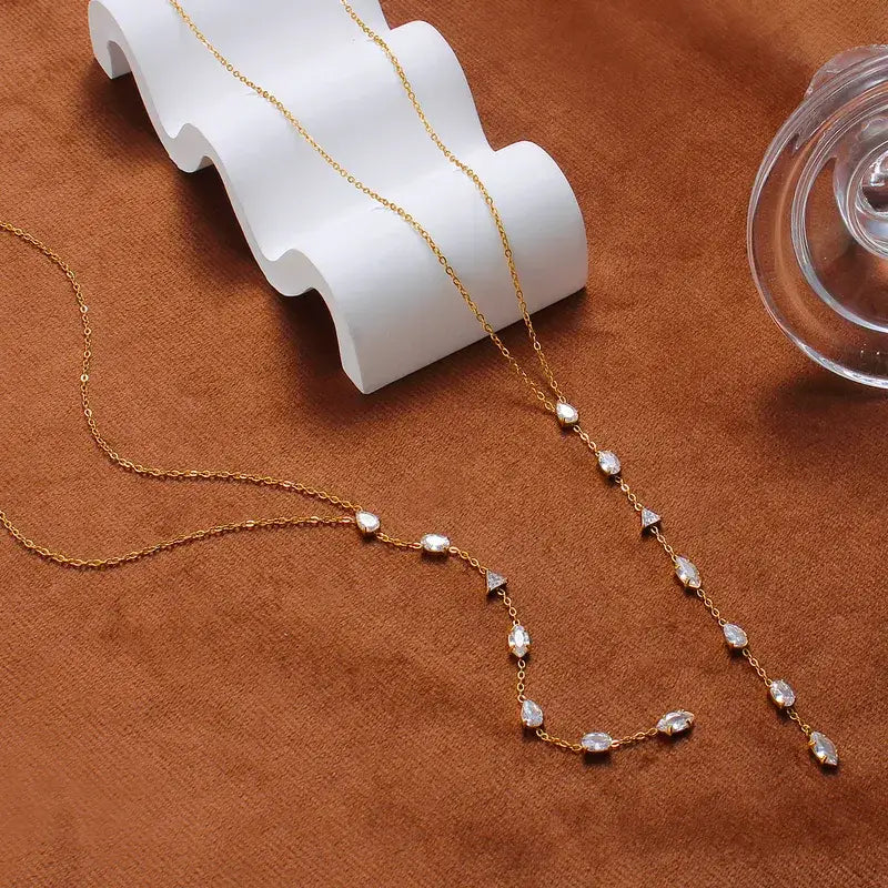 18K Gold PVD Stainless Steel Zircon Y Necklace Lariat