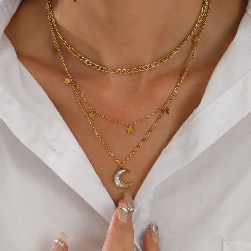 Moon and Star Layer Necklace Stainless Steel