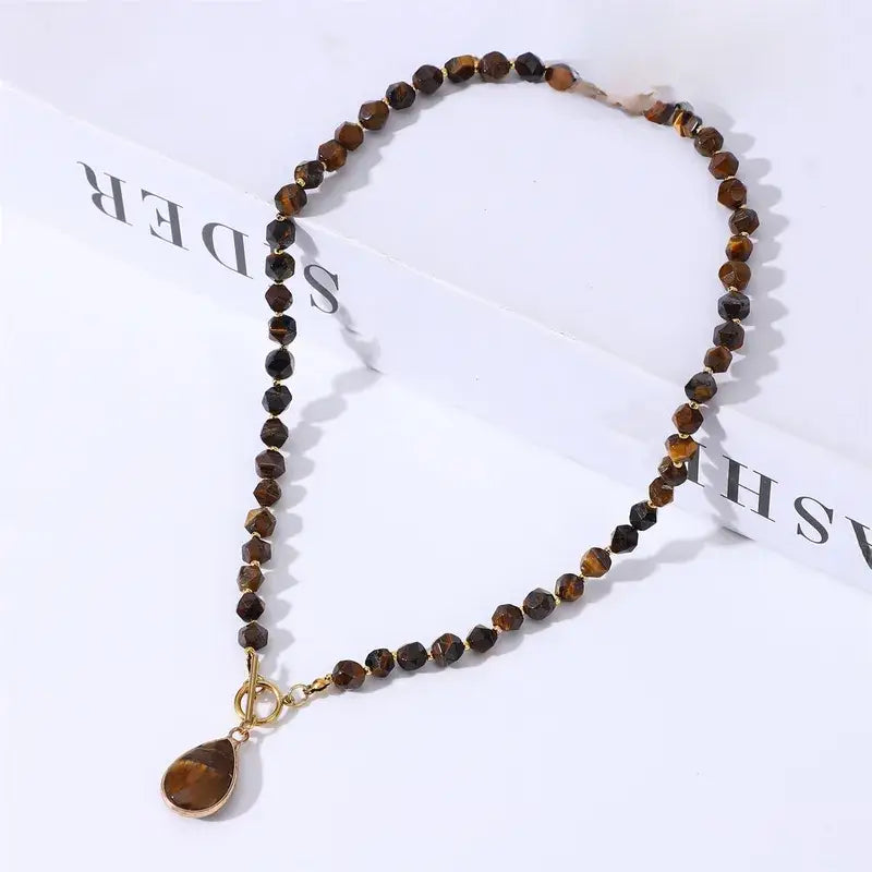 Natural Tiger Eye & Agate Geometric Beaded Pendant Necklace