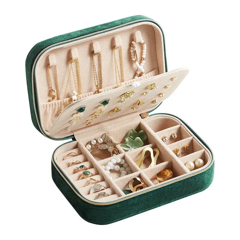 Velvet Jewelry Organizer Box with Compartments & Zipper