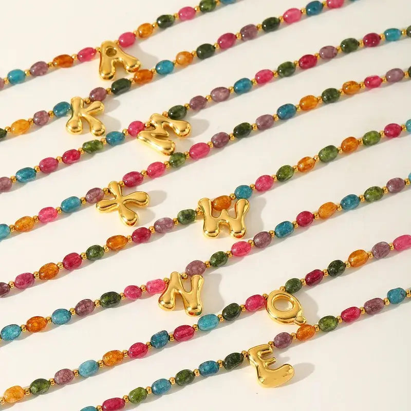 18K Gold Plated Initial Stone Beaded Necklace Jewelry