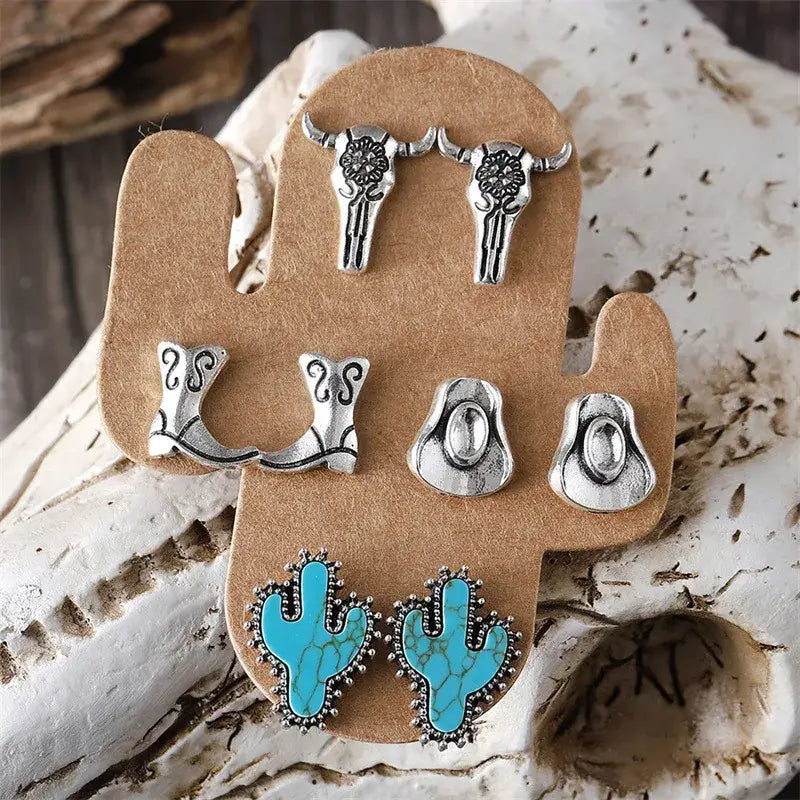 Set of 4 Turquoise Stud Earrings Western Theme Jewelry