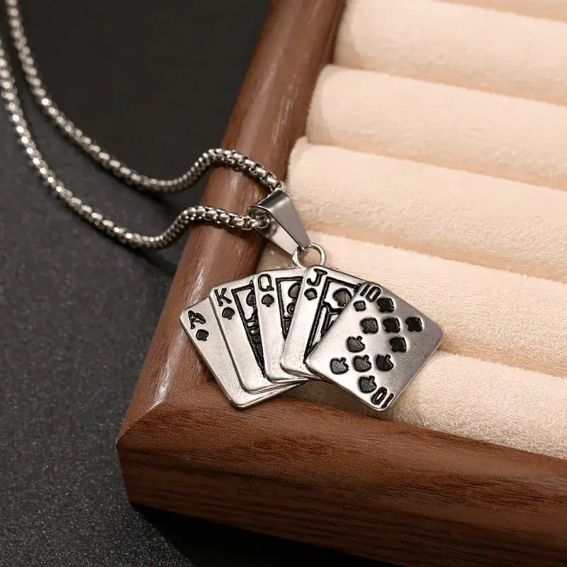3D Playing Cards Necklace – Silver Stainless Steel