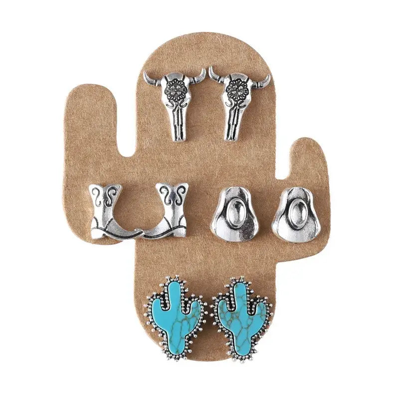 Set of 4 Turquoise Stud Earrings Western Theme Jewelry