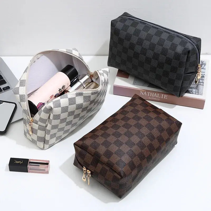 Waterproof Checkered PU Leather Cosmetic & Makeup Bag