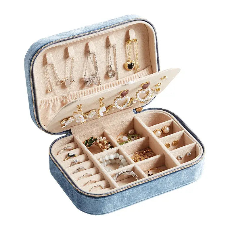 Velvet Jewelry Organizer Box with Compartments & Zipper