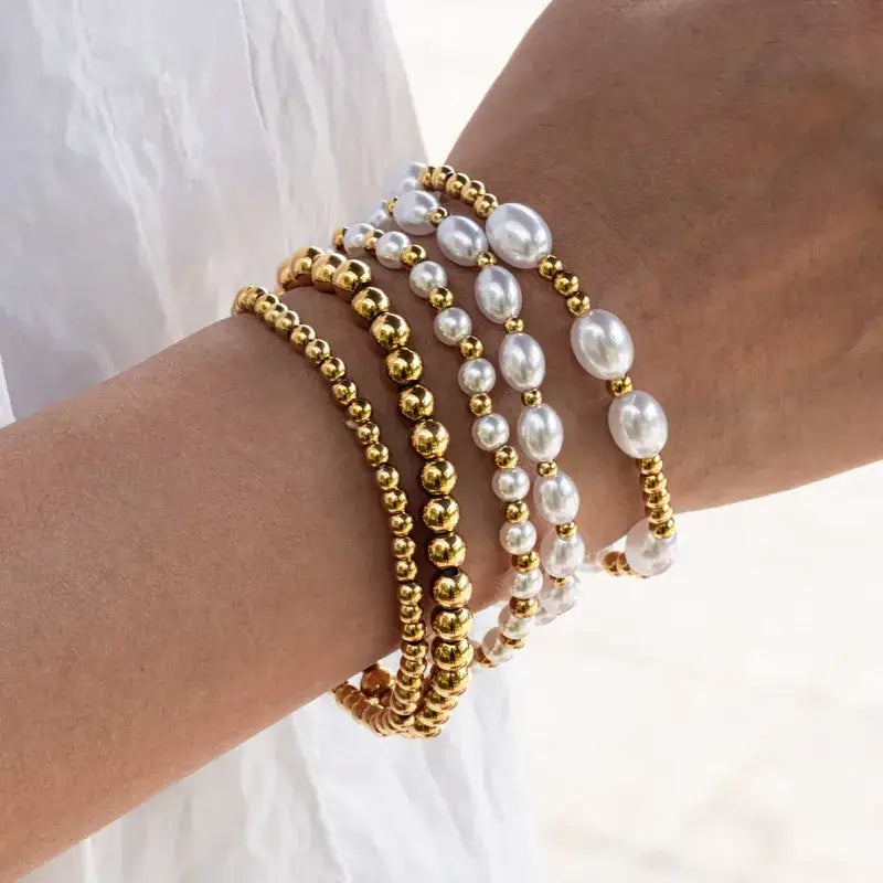 Gold Pearl Bracelet Stack, 18K PVD