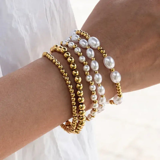 Gold Pearl Bracelet Stack, 18K PVD