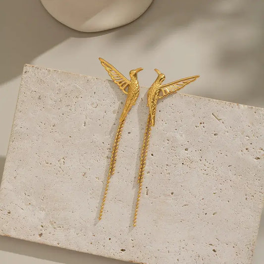 18K Gold Bird Tassel Earrings – Stainless Steel