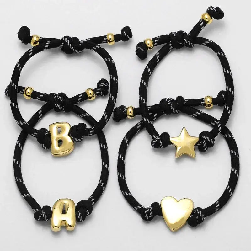 18K Gold Letter Charm Woven Bracelet with Adjustable Rope