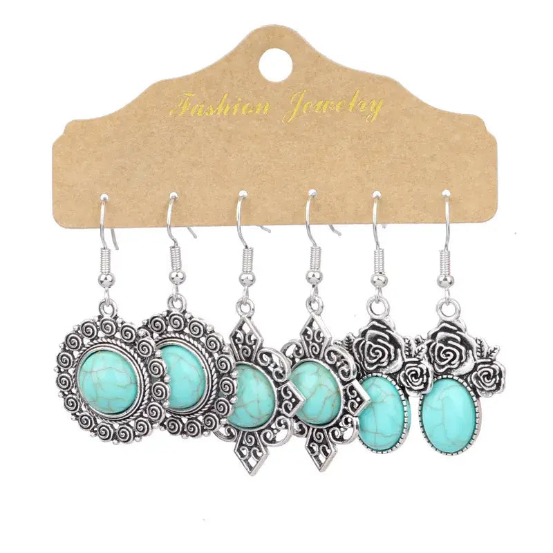 Turquoise Silver Western Theme Earrings Sets