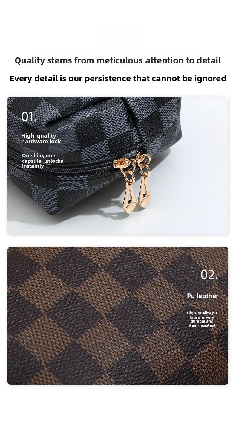 Waterproof Checkered PU Leather Cosmetic & Makeup Bag