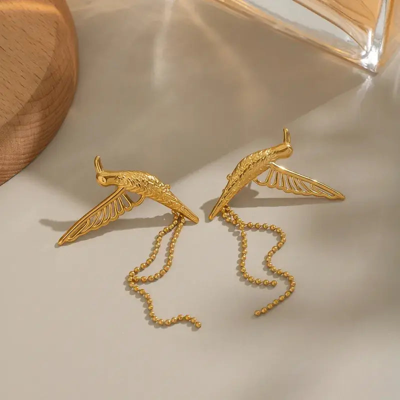 18K Gold Bird Tassel Earrings – Stainless Steel