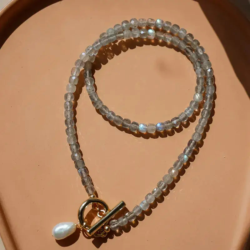 Natural Stone Beaded Necklace – Pearl Toggle Boho Gemstone J