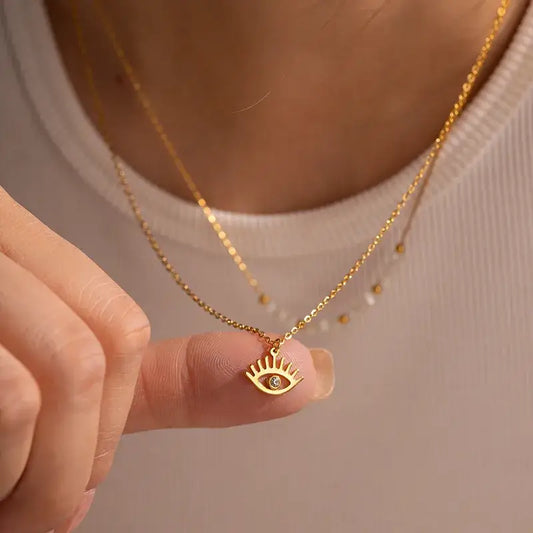 Evil Eye Gold Plated Stainless Steel Layered Necklace