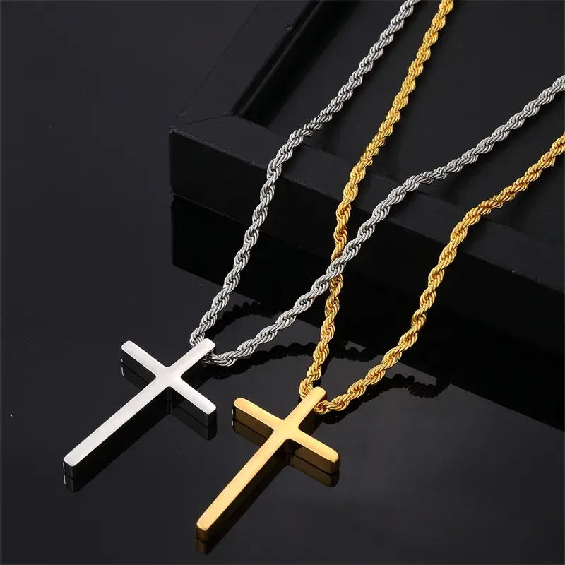 Mens Stainless Steel Cross Necklace Silver or Gold