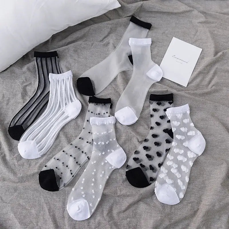 Sheer Socks with Fun Designs in Black or White
