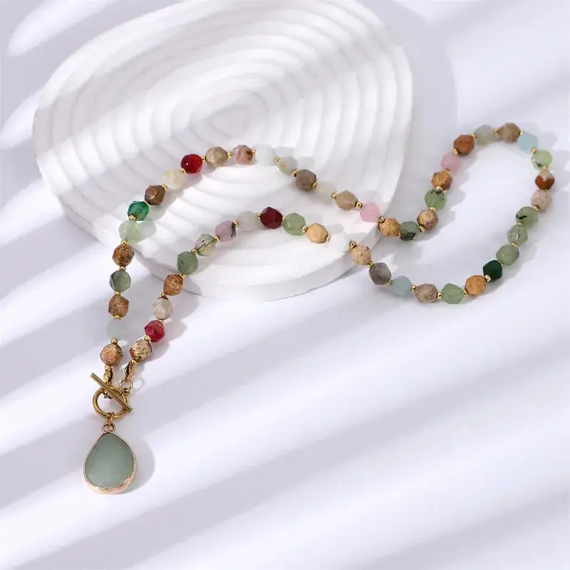 Natural Tiger Eye & Agate Geometric Beaded Pendant Necklace