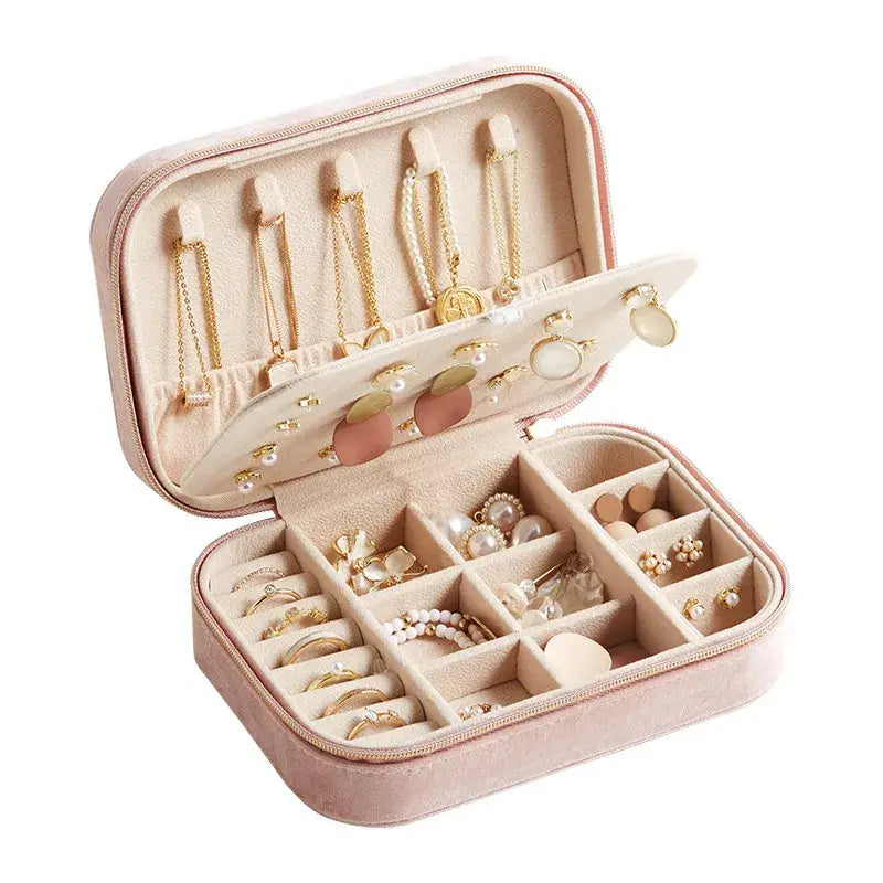 Velvet Jewelry Organizer Box with Compartments & Zipper
